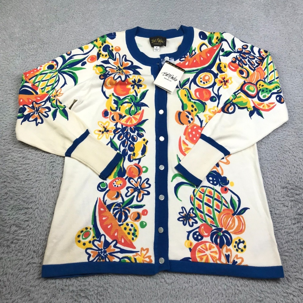 Bob Mackie Sweater Womens M Floral Fruit Wearable Art Button Up Cardigan NEW